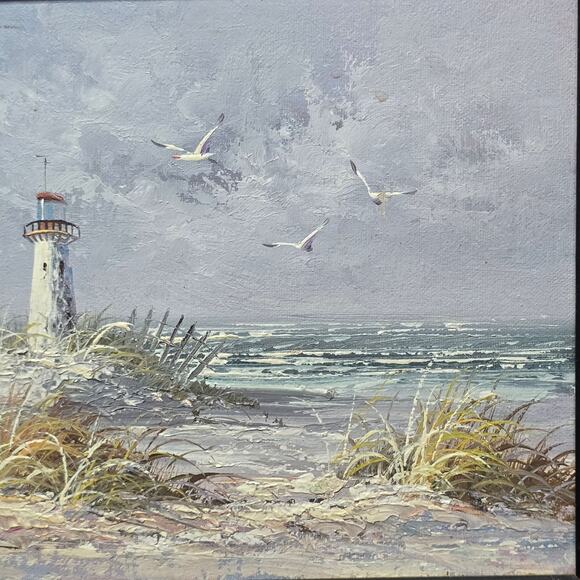 Original Oil Painting Beach Lighthouse Signed Gordon 8' x 10' Wooden Art - Picture 3 of 12